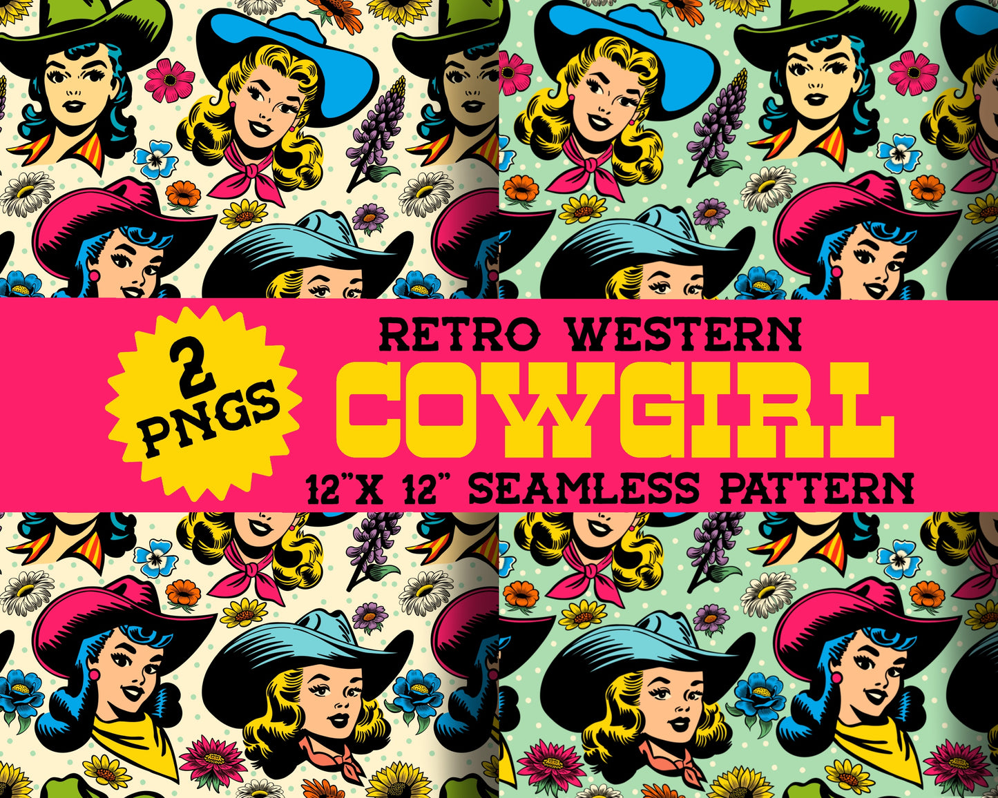 Retro Cowgirls Western Seamless Repeat Digital Pattern in 2 Colors