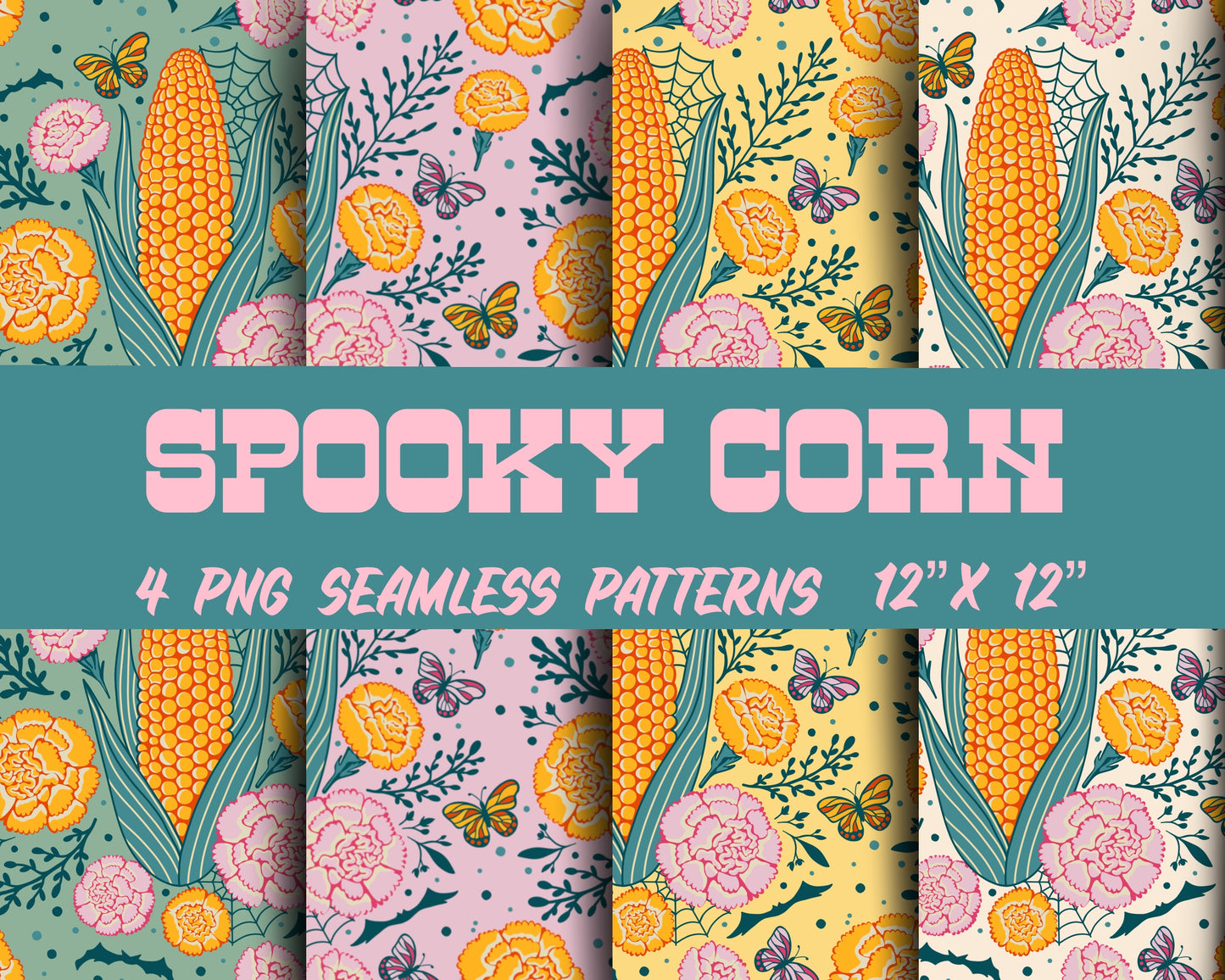 Spooky Fall Corn on the Cob Spiderweb Seamless Repeat Digital Pattern