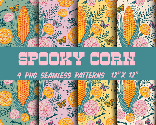 Spooky Fall Corn on the Cob Spiderweb Seamless Repeat Digital Pattern