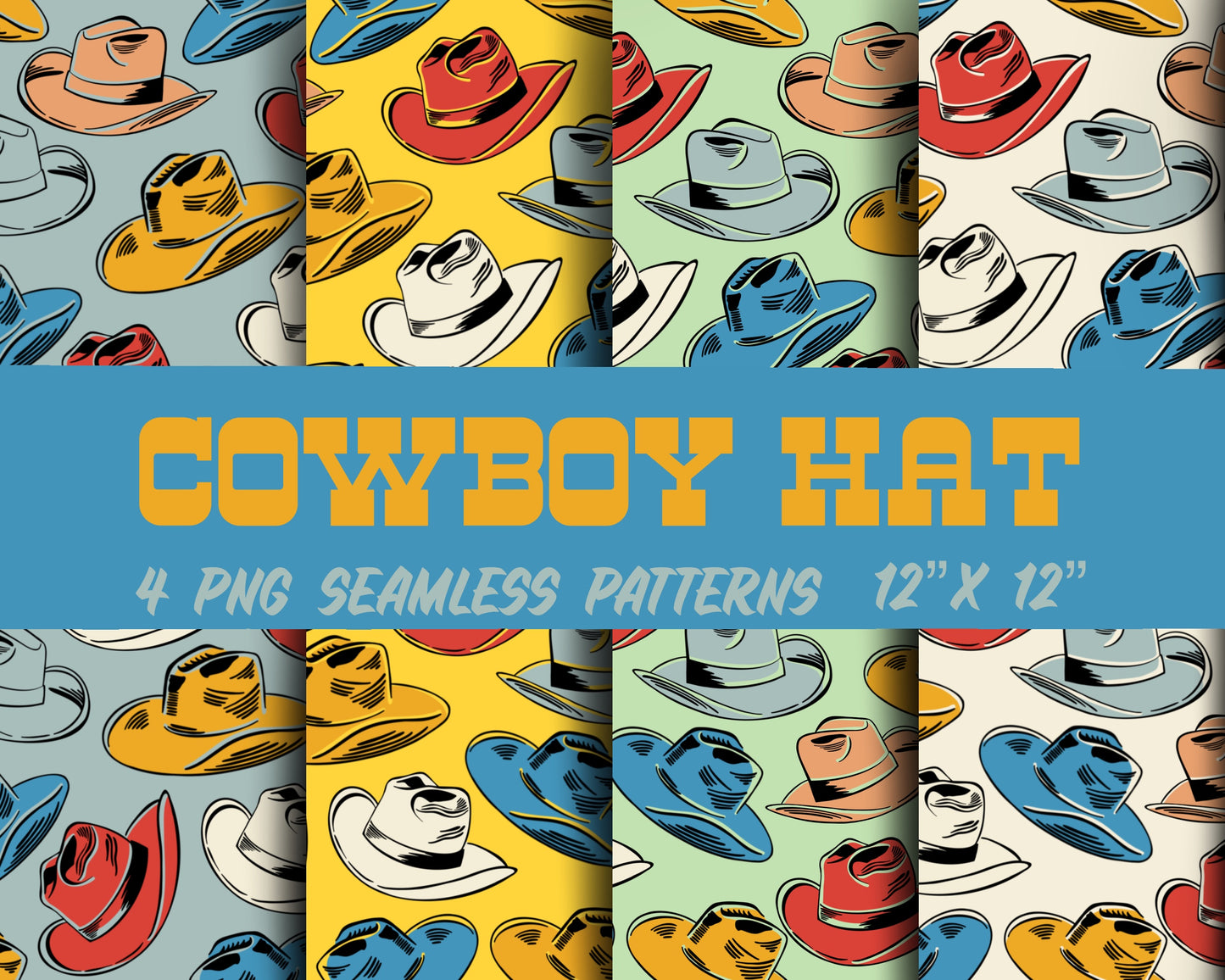 Retro Cowboy Hat Seamless Repeat Digital Pattern in 4 Colors