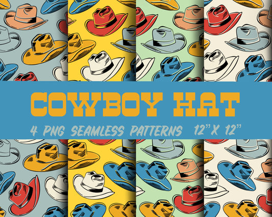 Retro Cowboy Hat Seamless Repeat Digital Pattern in 4 Colors