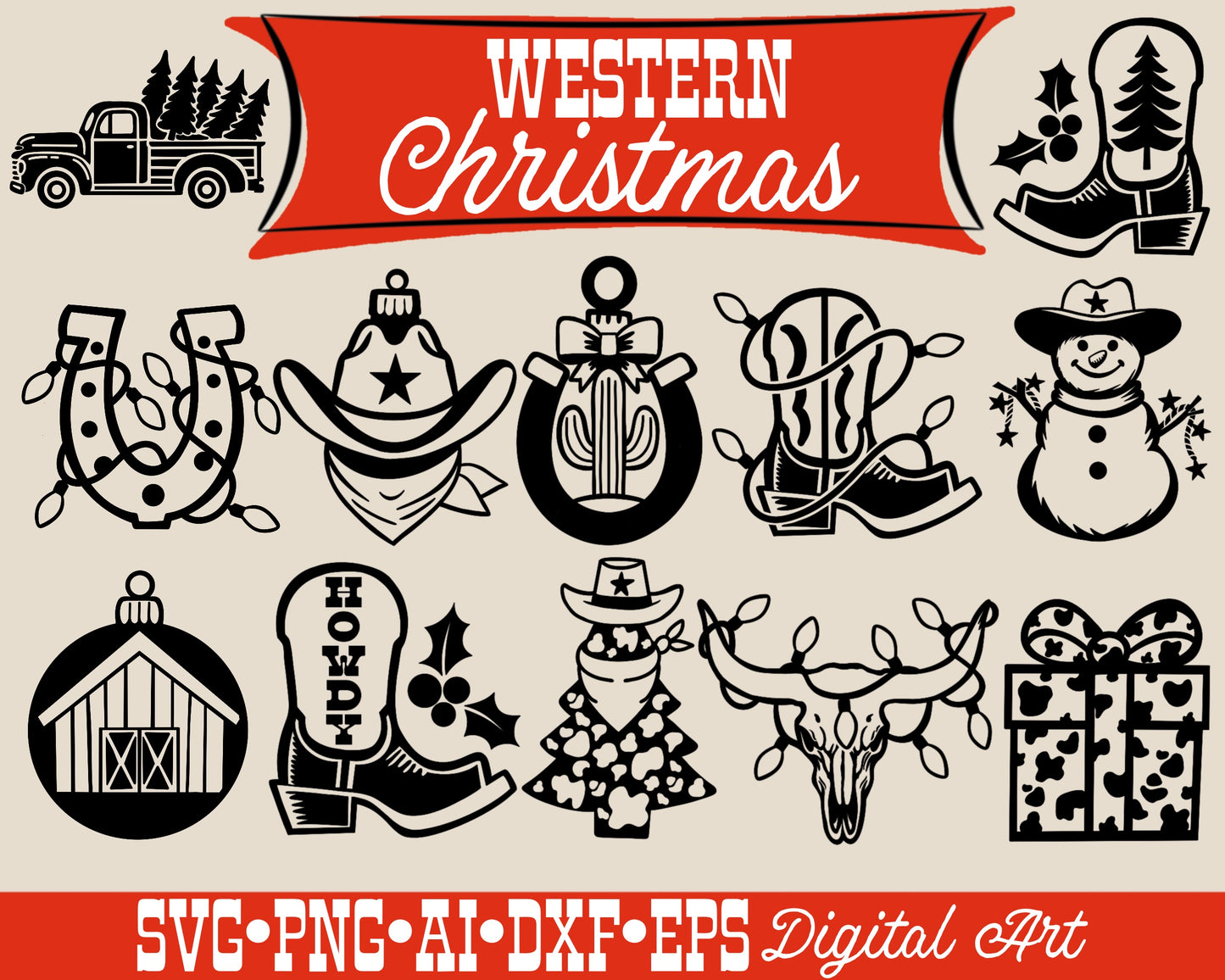 Western Christmas SVG Bundle with 12 Digital Downloads for Cutting Machines