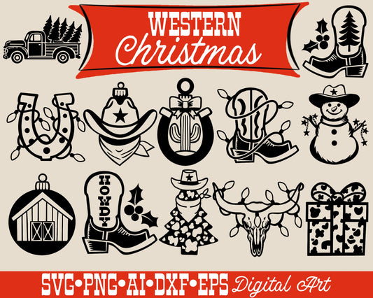 Western Christmas SVG Bundle with 12 Digital Downloads for Cutting Machines