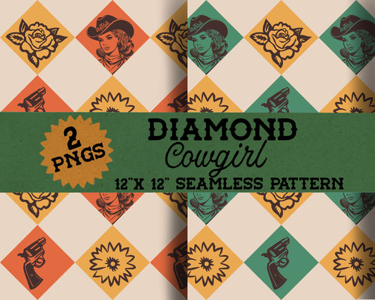 Retro Cowgirl Diamond Seamless Repeat Digital Pattern in 2 Colors