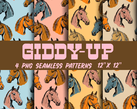 Giddy-Up Horse Retro Western Seamless Repeat Digital Pattern in 4 Colors