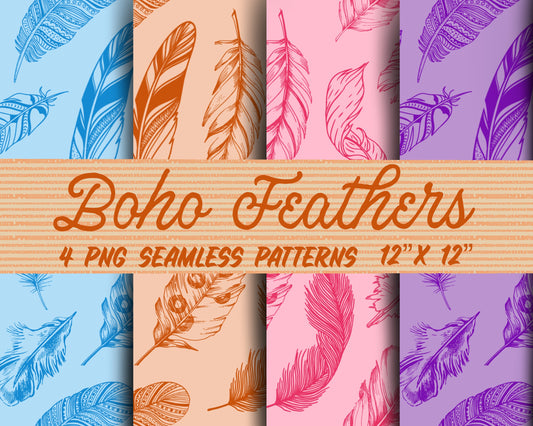 Boho Feathers Western Seamless Repeat Digital Pattern in 4 Colors