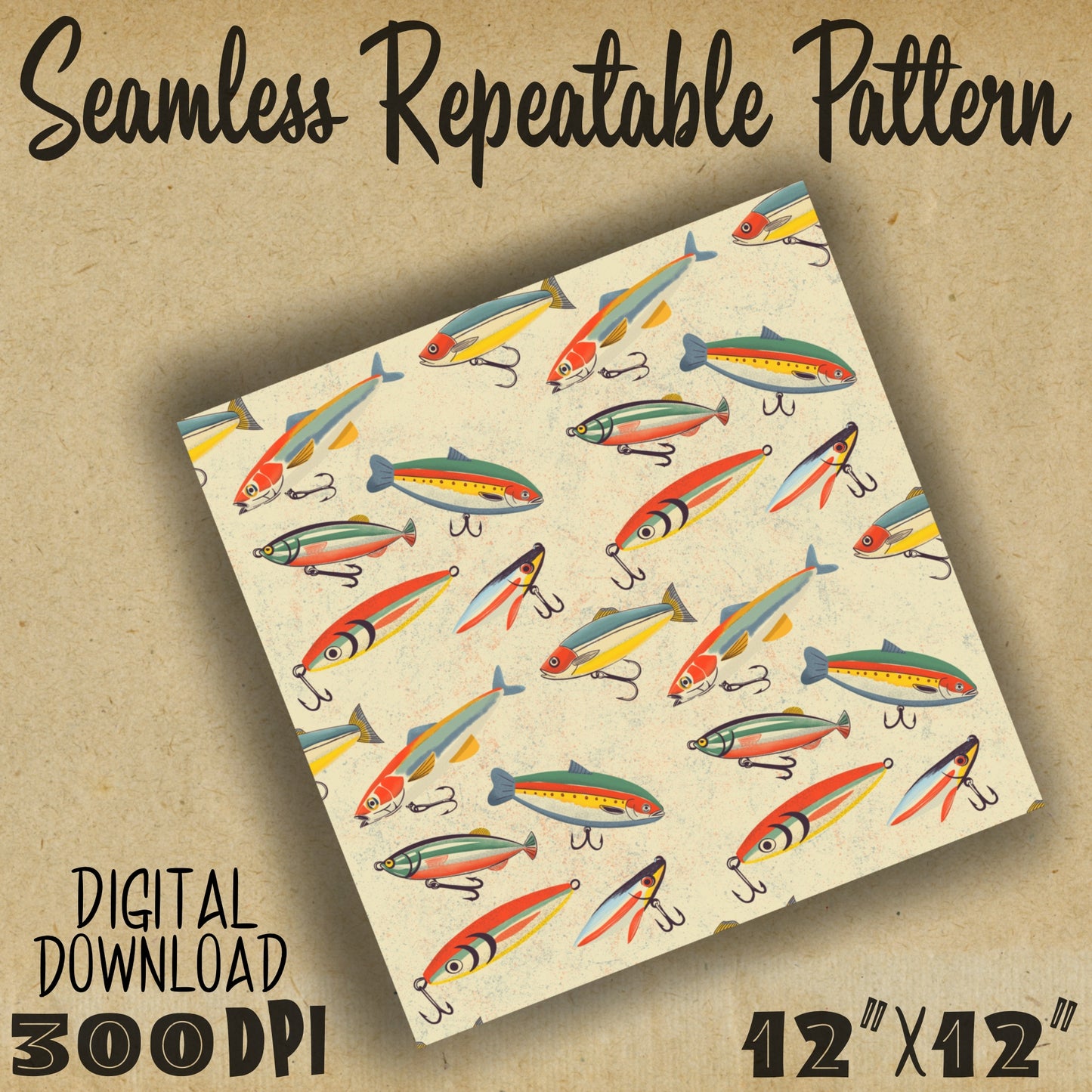 Vintage Midcentury Fishing Lures Seamless Repeat Digital Pattern