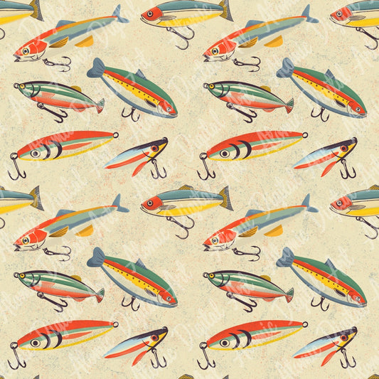 Vintage Midcentury Fishing Lures Seamless Repeat Digital Pattern