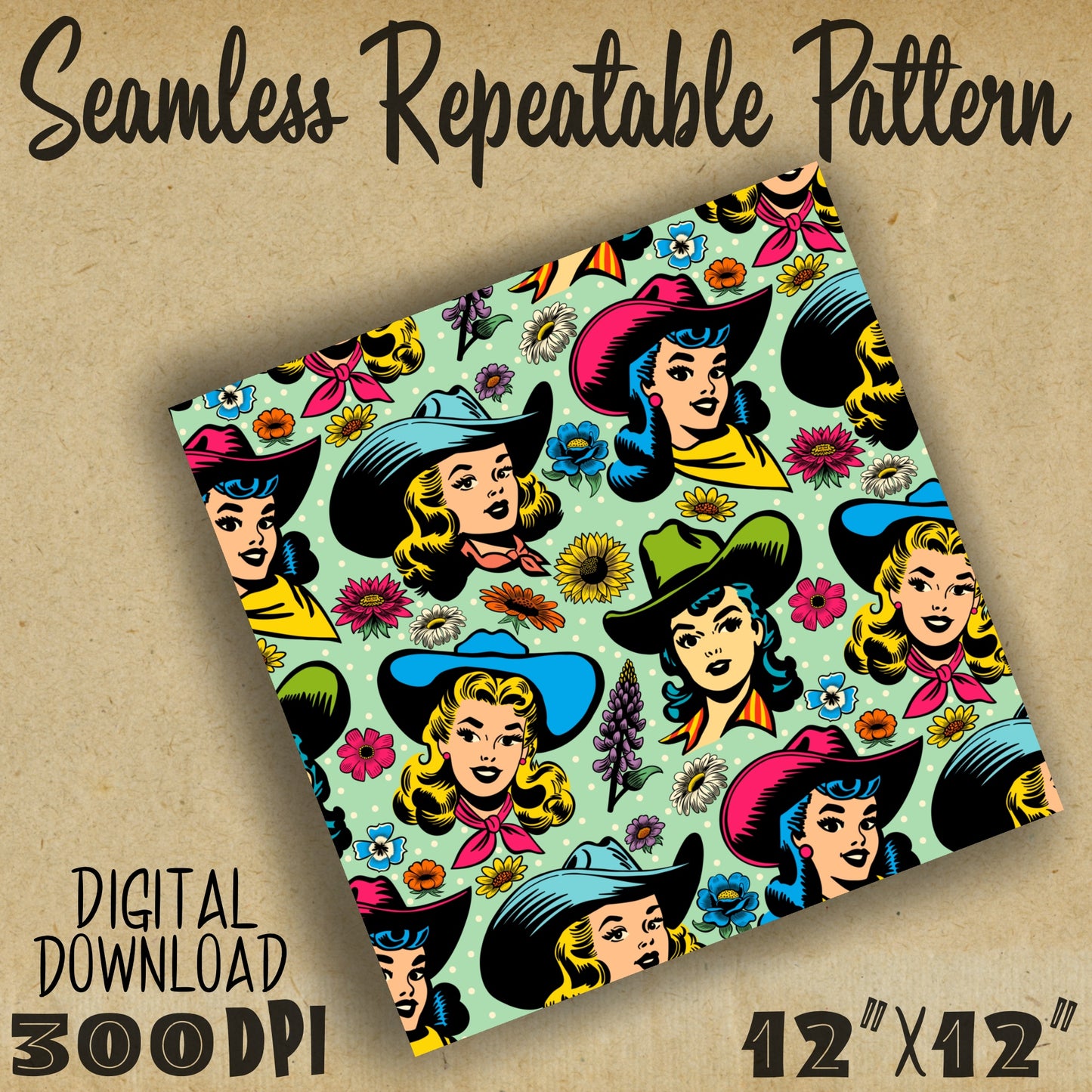 Retro Cowgirls Western Seamless Repeat Digital Pattern in 2 Colors