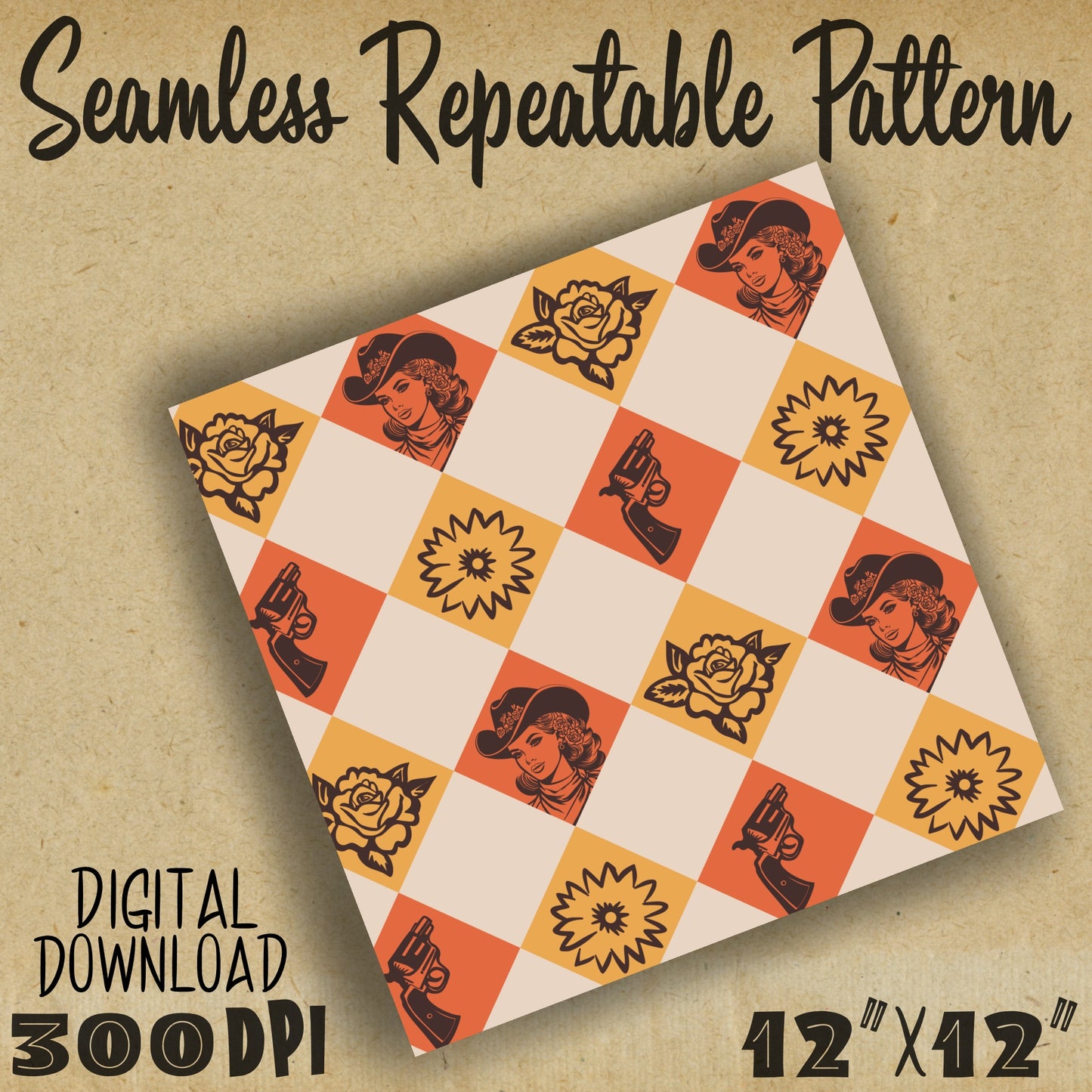 Retro Cowgirl Diamond Seamless Repeat Digital Pattern in 2 Colors