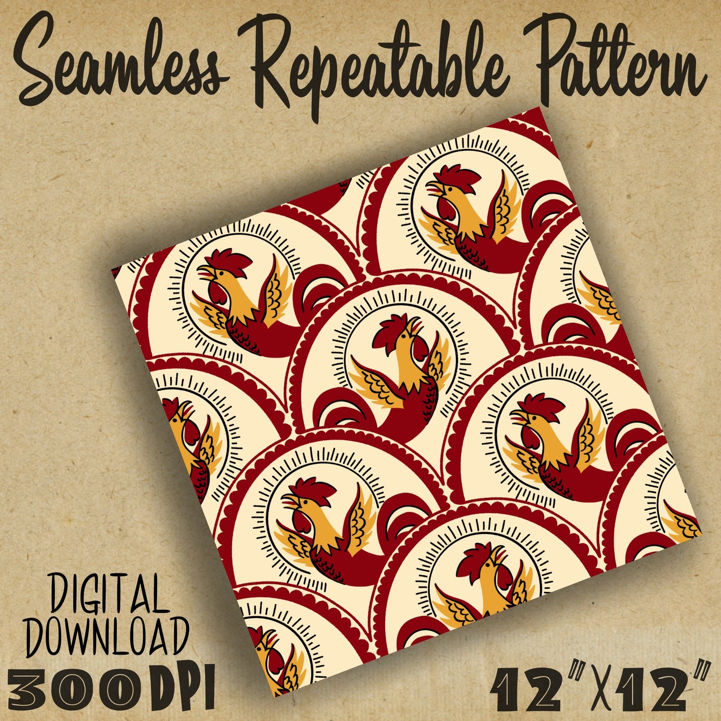 Chicken Scallop Country Kitchen Retro Seamless Repeat Digital Pattern