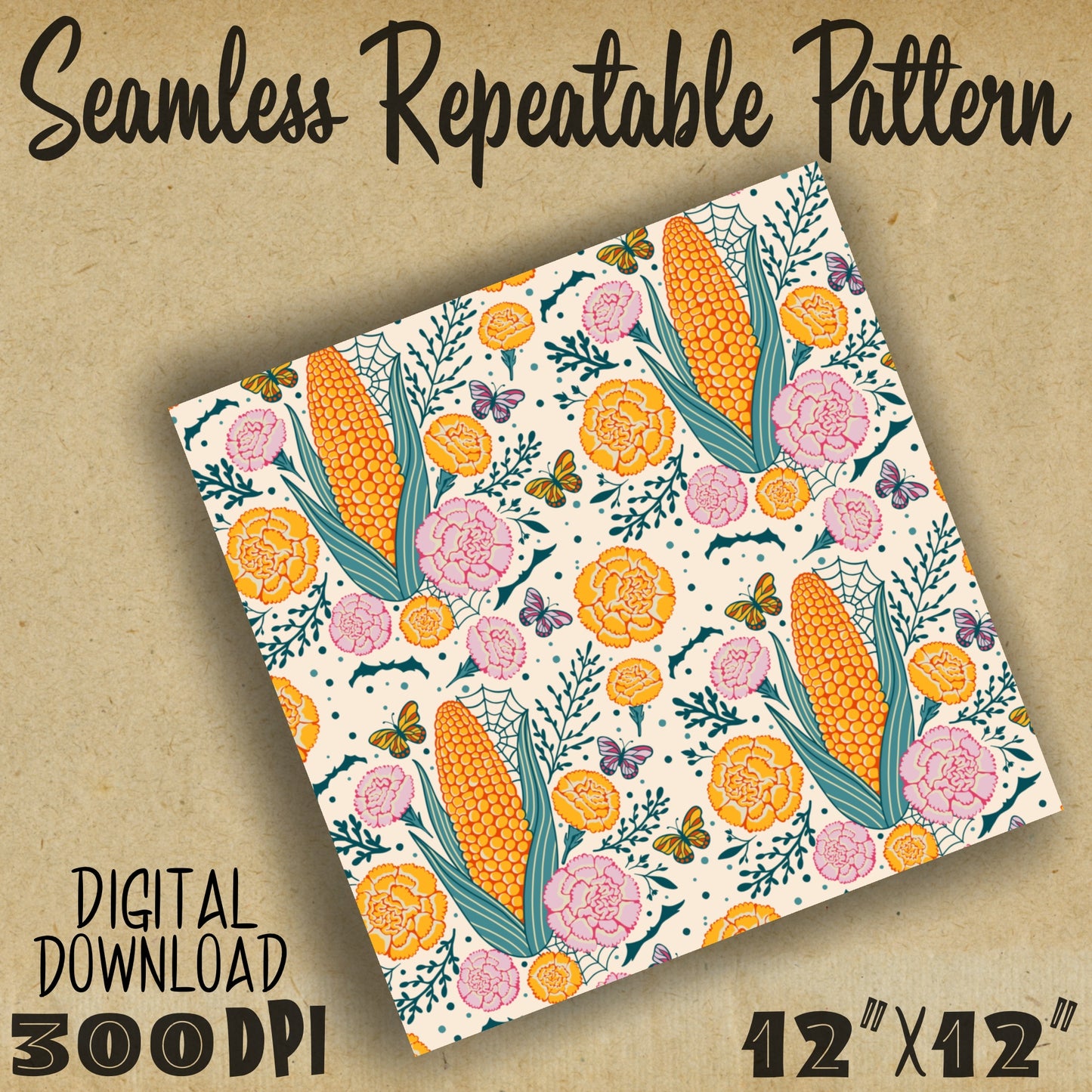 Spooky Fall Corn on the Cob Spiderweb Seamless Repeat Digital Pattern