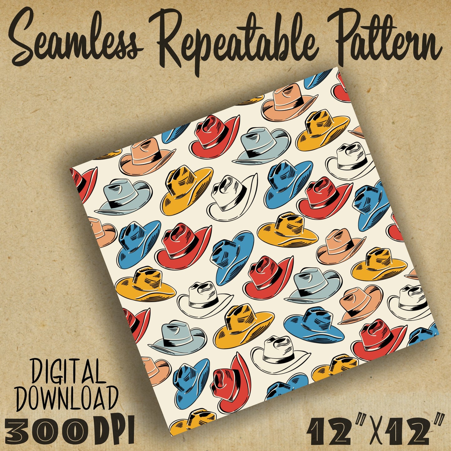 Retro Cowboy Hat Seamless Repeat Digital Pattern in 4 Colors