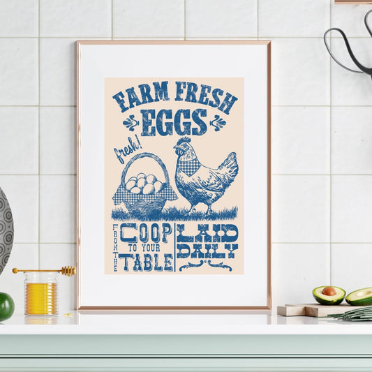 Rustic Chicken Country Kitchen Wall Art Printable PDF, Fresh Eggs Cottagecore Decor