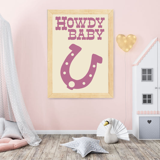 Howdy Baby Pink Cowgirl Horseshoe Printable Nursery Wall Art PDF