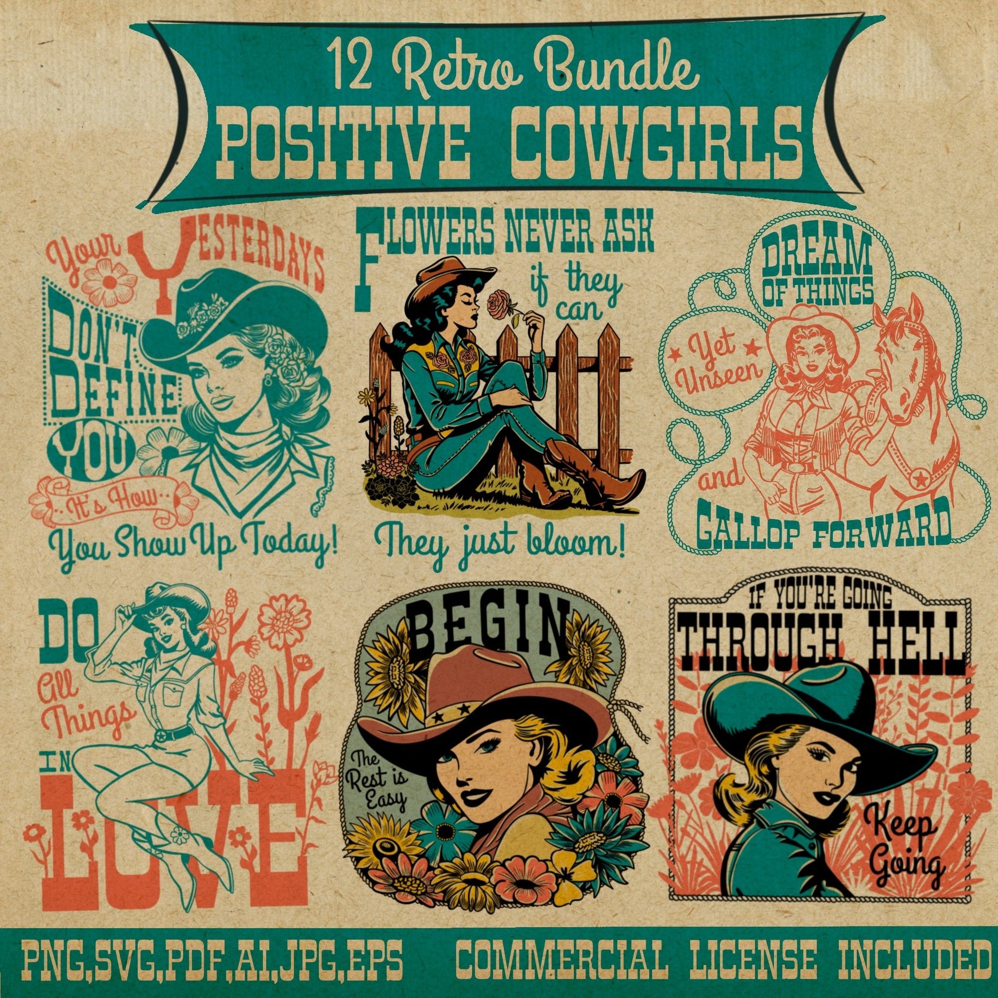 Positive Cowgirl Bundle - Set of 12 Digital Downloads - Positive Affirmations - Atomic Digital ArtPNG Sublimation Art