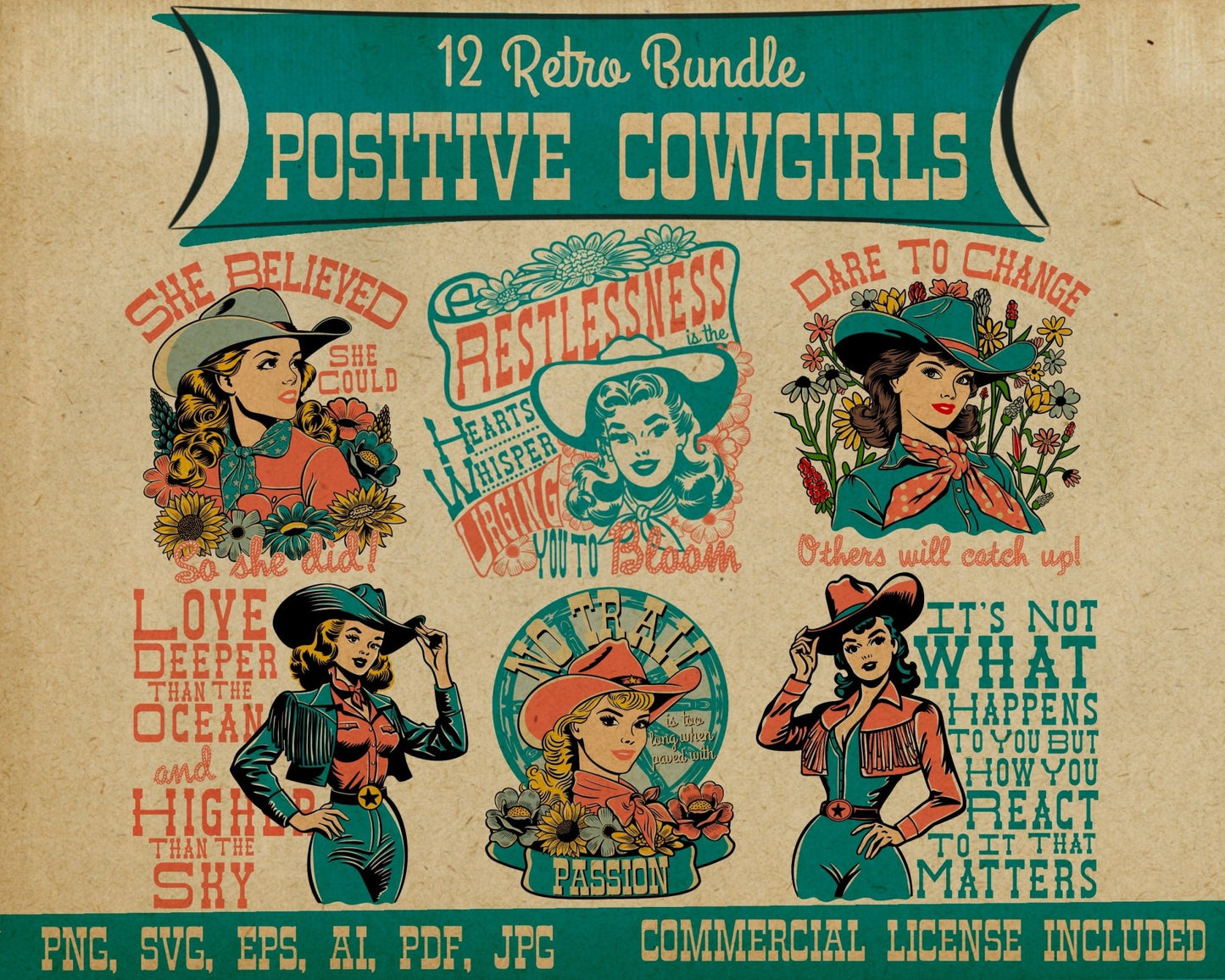 Positive Cowgirl Bundle - Set of 12 Digital Downloads - Positive Affirmations - Atomic Digital ArtPNG Sublimation Art