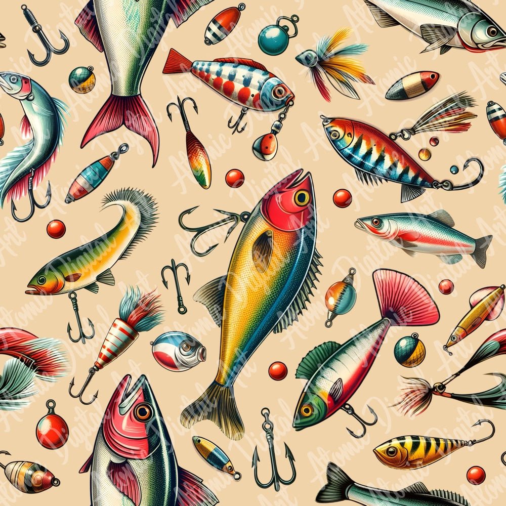 Retro 1950s Fishing Lures Seamless Repeat Digital Pattern in PNG and JPEG File Format - Atomic Digital ArtDigital Clipart