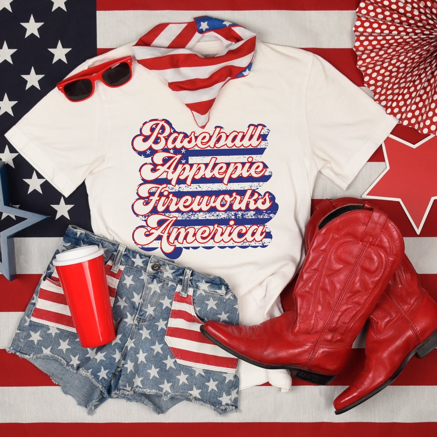 Retro 4th of July "Baseball, Apple Pie, Fireworks, America" - Digital Download Single Design