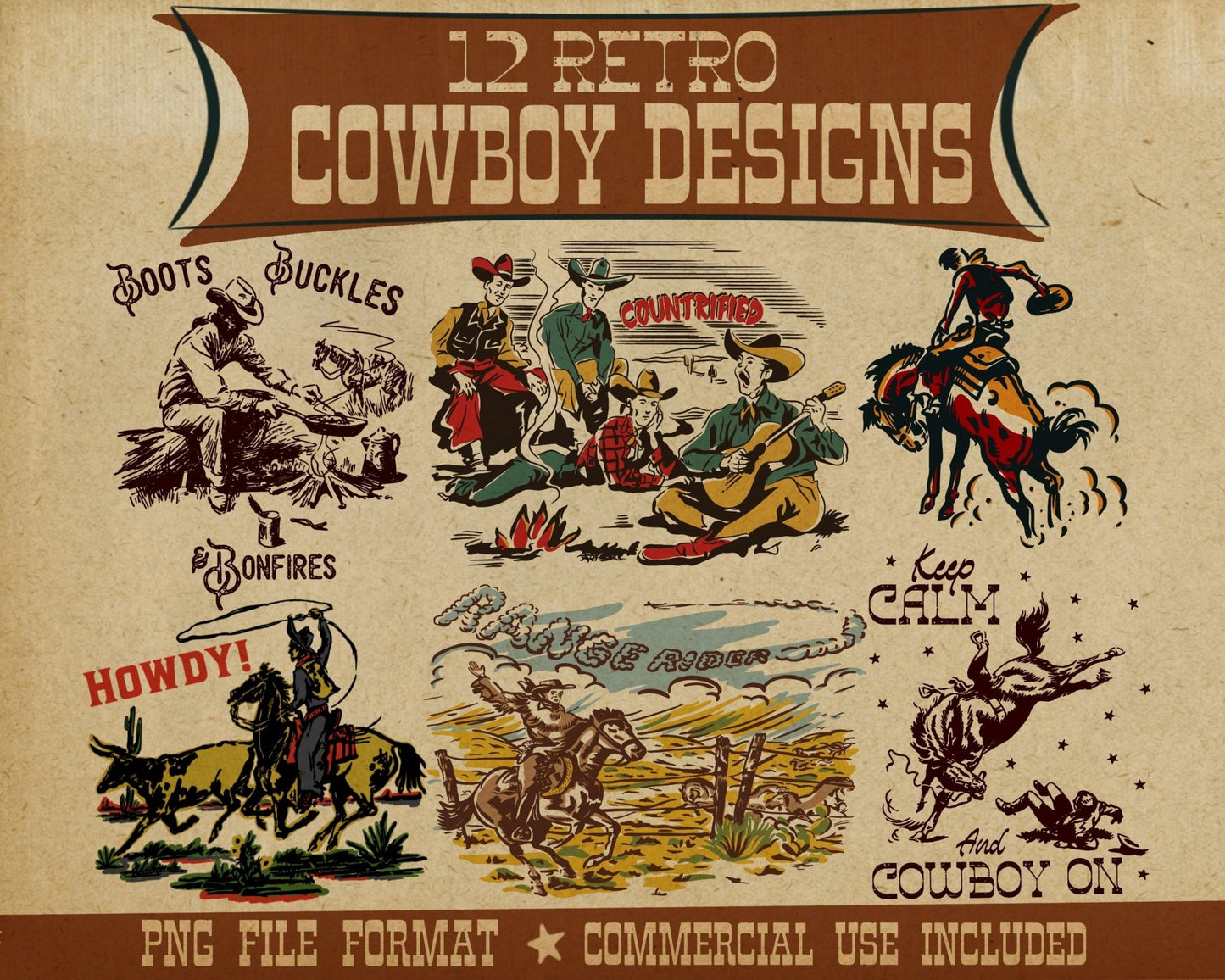 Retro Cowboy Tee Bundle #1- Set of 12 Digital Downloads - Atomic Digital ArtPNG Sublimation Art