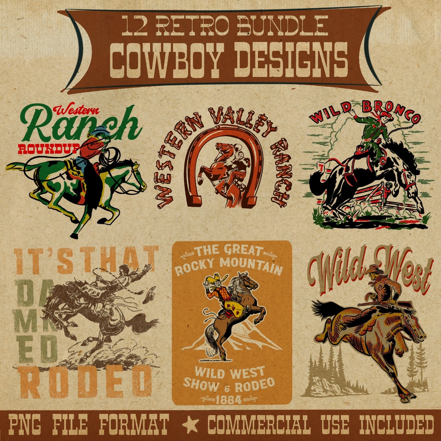 Retro Cowboy Tee Bundle #1- Set of 12 Digital Downloads - Atomic Digital ArtPNG Sublimation Art