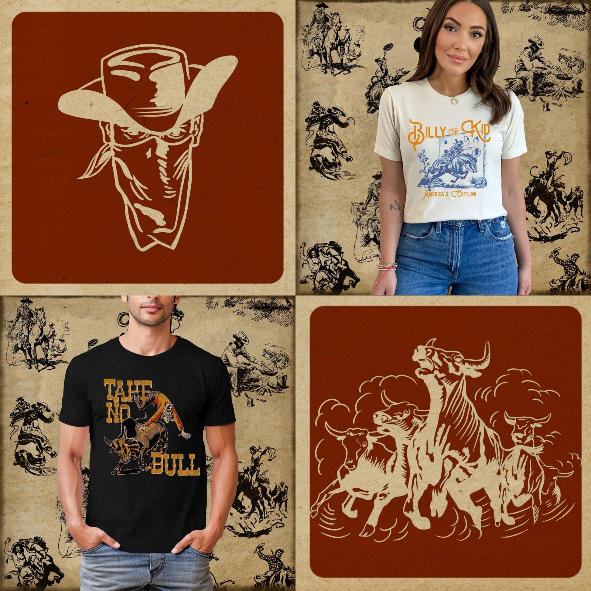 Retro Cowboy Tee Bundle #2- Set of 12 Digital Downloads - Atomic Digital ArtPNG Sublimation Art