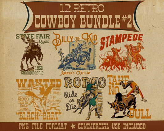 Retro Cowboy Tee Bundle #2- Set of 12 Digital Downloads - Atomic Digital ArtPNG Sublimation Art