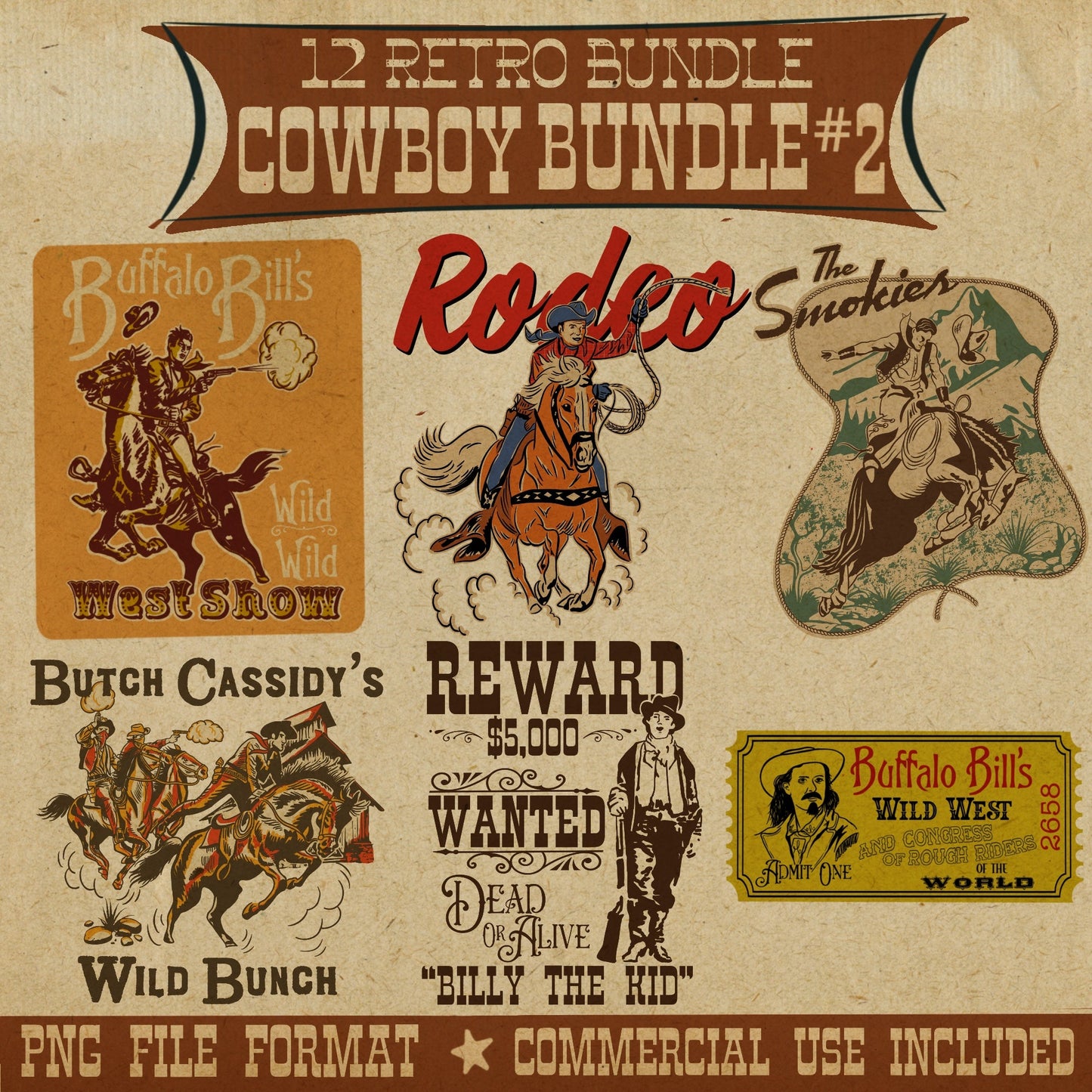 Retro Cowboy Tee Bundle #2- Set of 12 Digital Downloads - Atomic Digital ArtPNG Sublimation Art