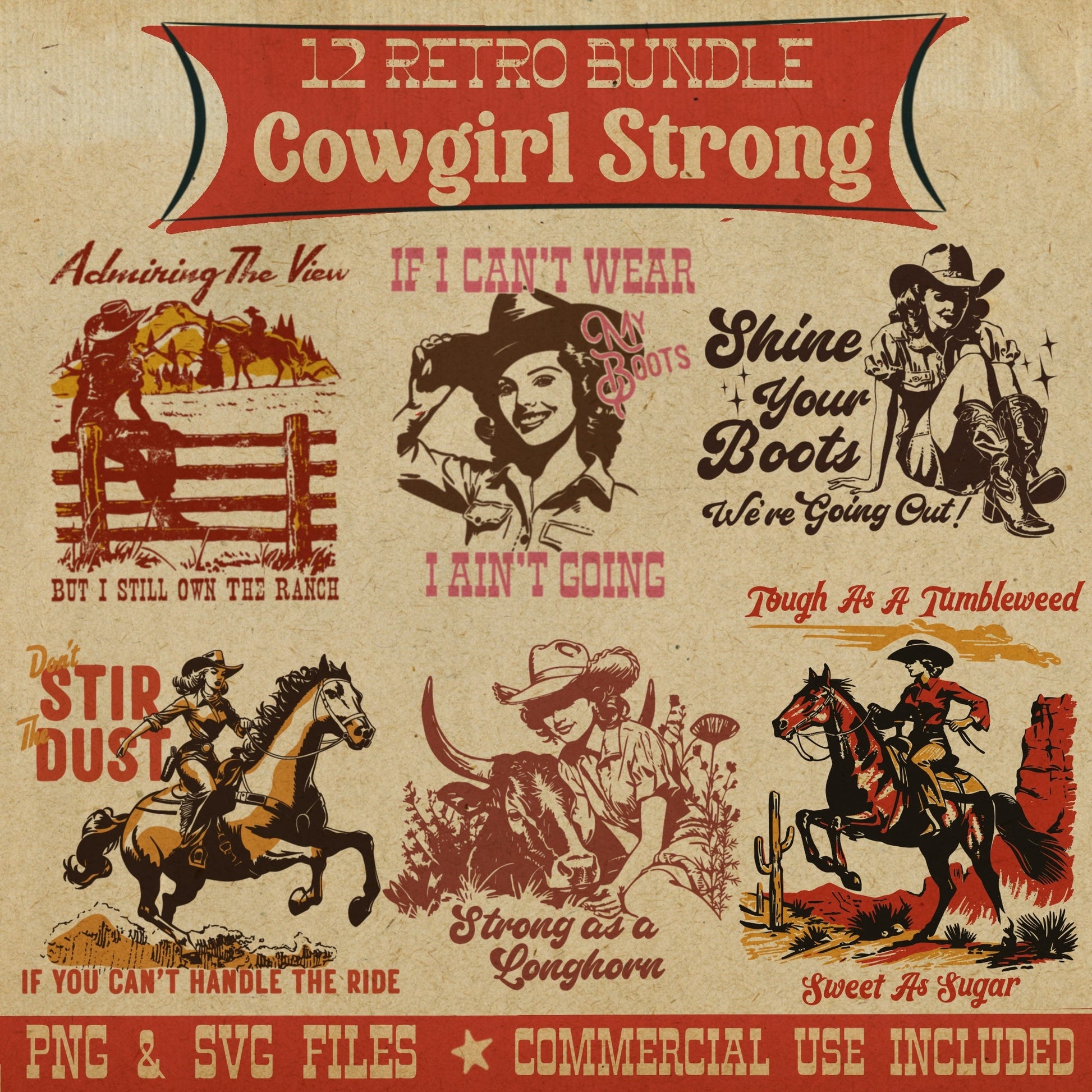 Retro Cowgirl Strong Bundle - Set of 12 Digital Downloads