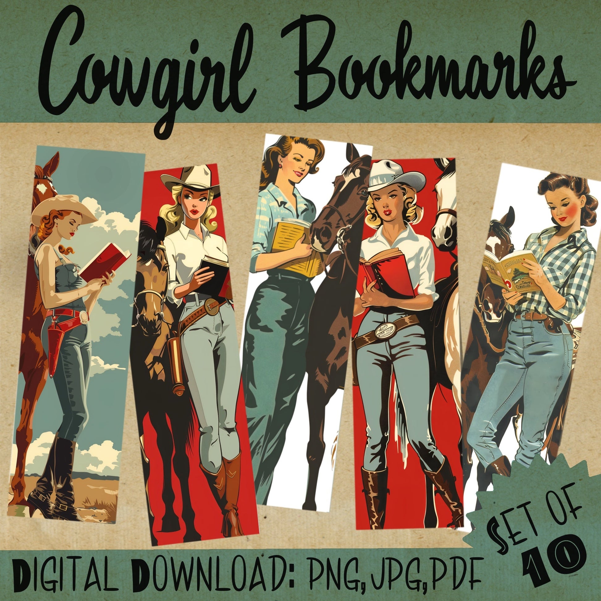 Retro Cowgirl Western Bookmarks - Set of 10 - Atomic Digital ArtPrintable Bookmark