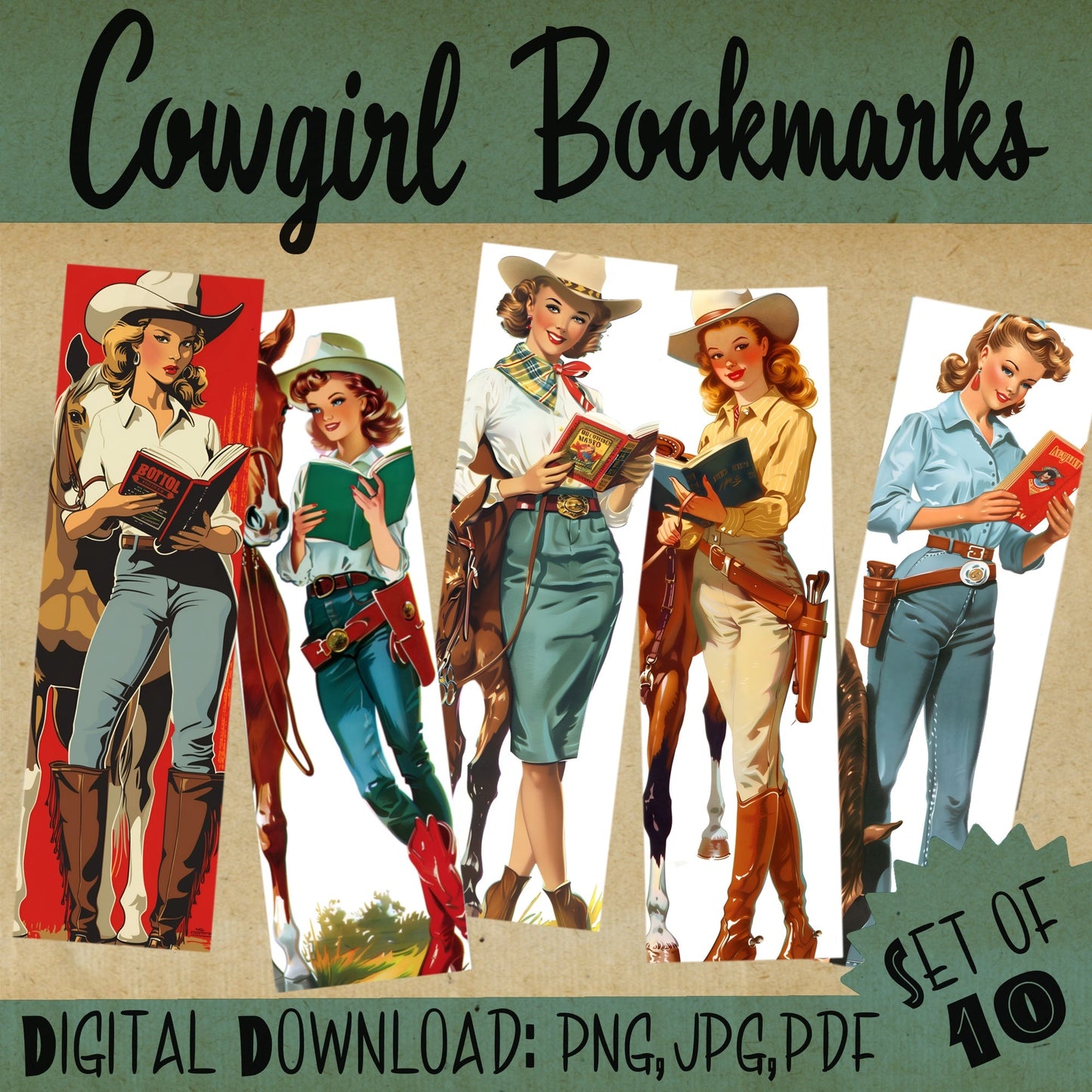 Retro Cowgirl Western Bookmarks - Set of 10 - Atomic Digital ArtPrintable Bookmark