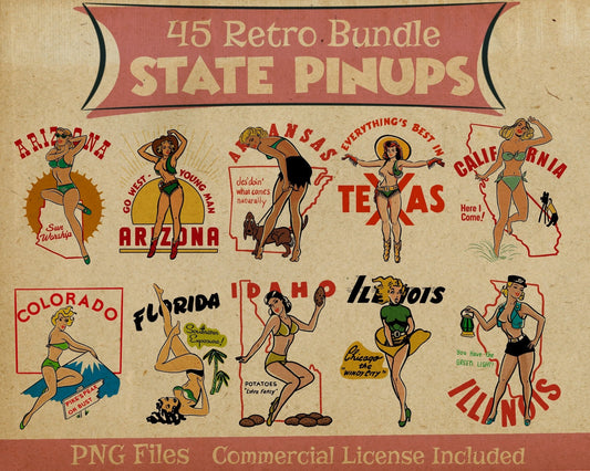 Retro Pin-Up State Tee Bundle - Set of 45 Digital Downloads