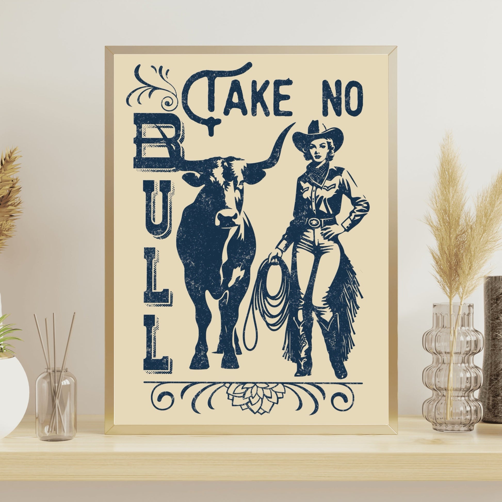 Retro Western Cowgirl Take No Bull Wall Art - Atomic Digital ArtDigital Wall Art