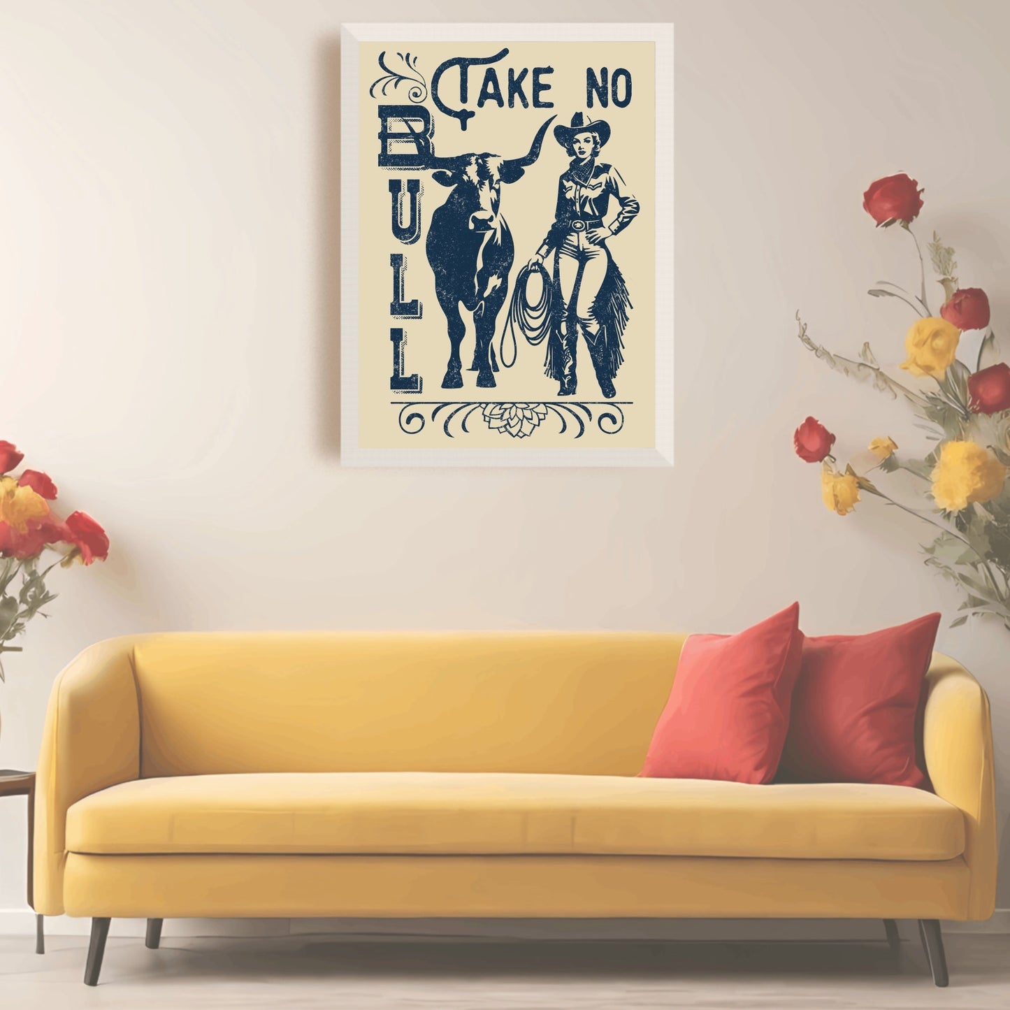 Retro Western Cowgirl Take No Bull Wall Art - Atomic Digital ArtDigital Wall Art