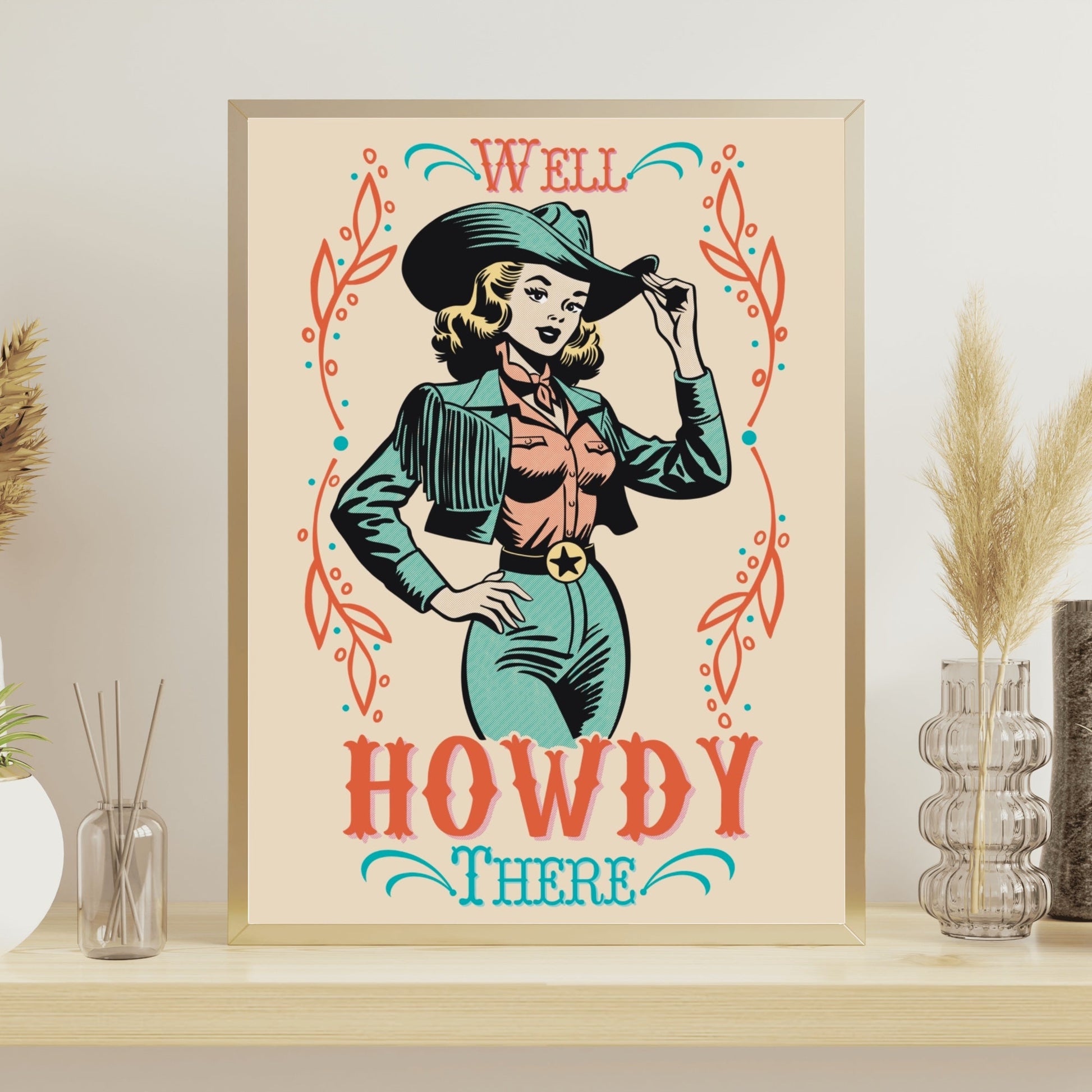 Retro Western Cowgirl Well Howdy There Wall Art - Atomic Digital ArtDigital Wall Art