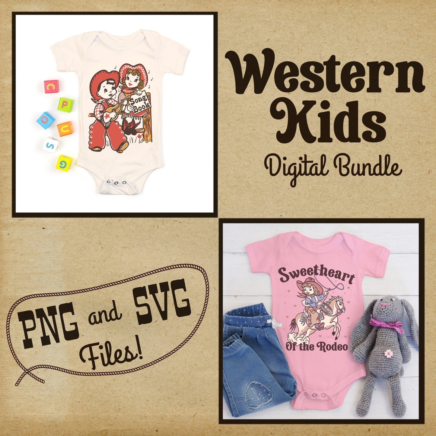 Retro Western Kids Tee Bundle #1- Set of 12 Digital Downloads - Atomic Digital ArtPNG Sublimation Art