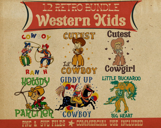 Retro Western Kids Tee Bundle #1- Set of 12 Digital Downloads - Atomic Digital ArtPNG Sublimation Art