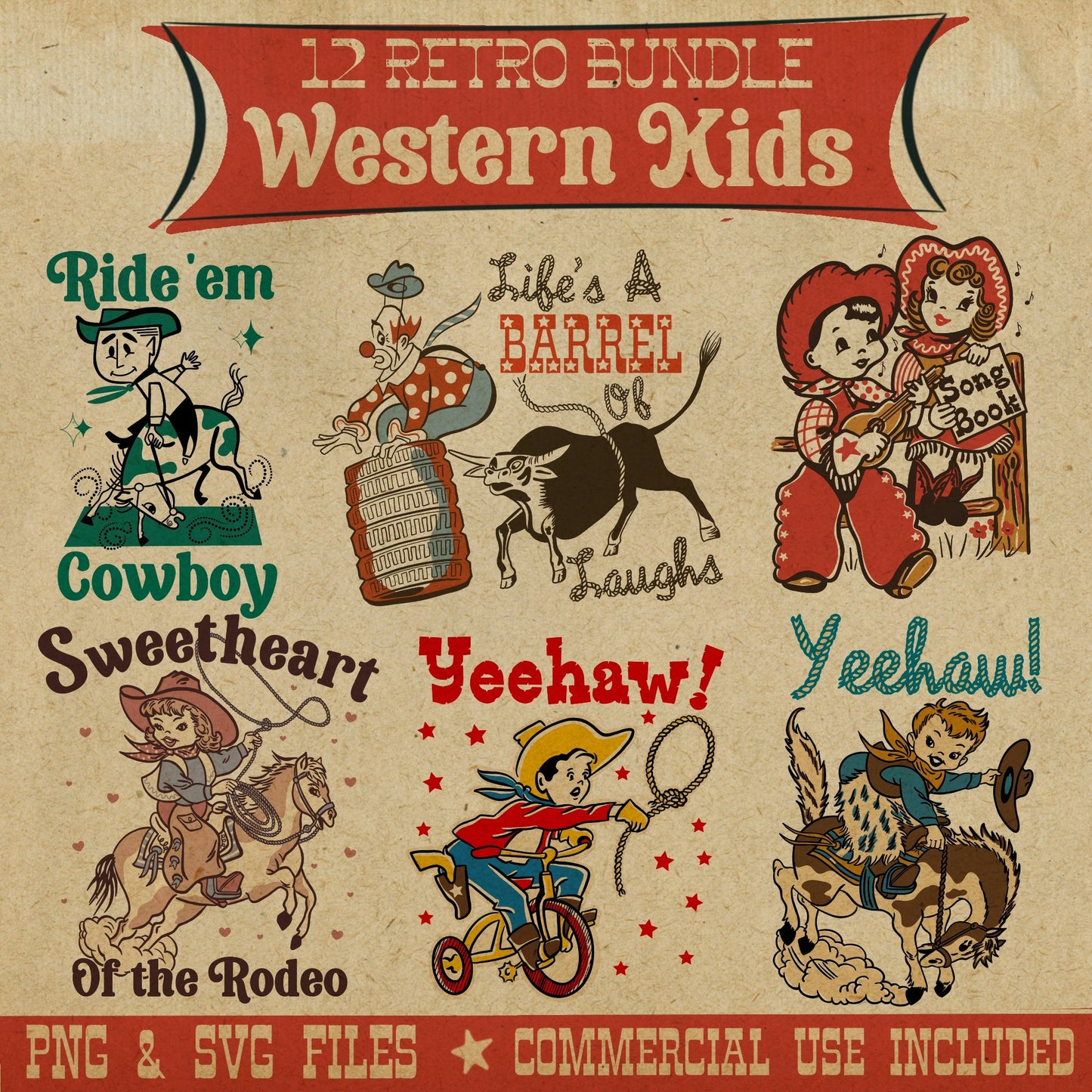 Retro Western Kids Tee Bundle #1- Set of 12 Digital Downloads - Atomic Digital ArtPNG Sublimation Art