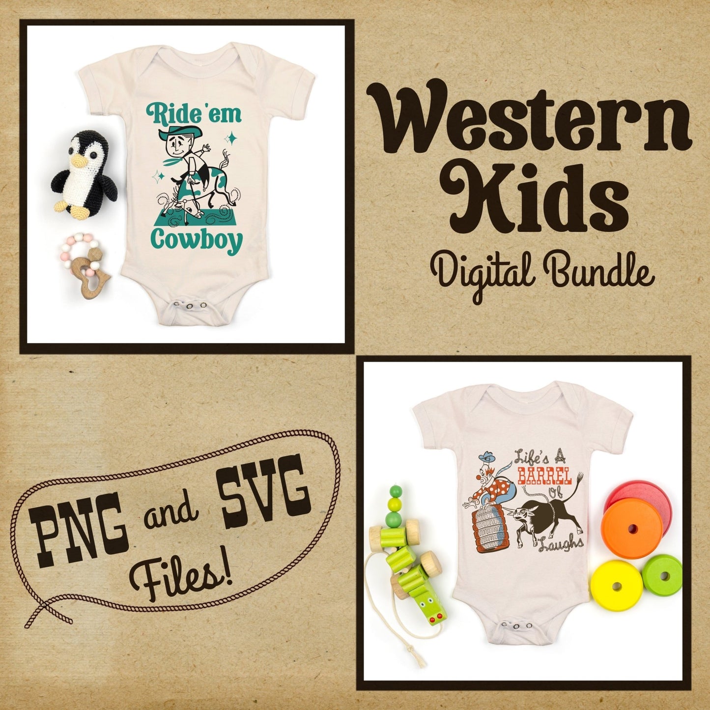 Retro Western Kids Tee Bundle #1- Set of 12 Digital Downloads - Atomic Digital ArtPNG Sublimation Art