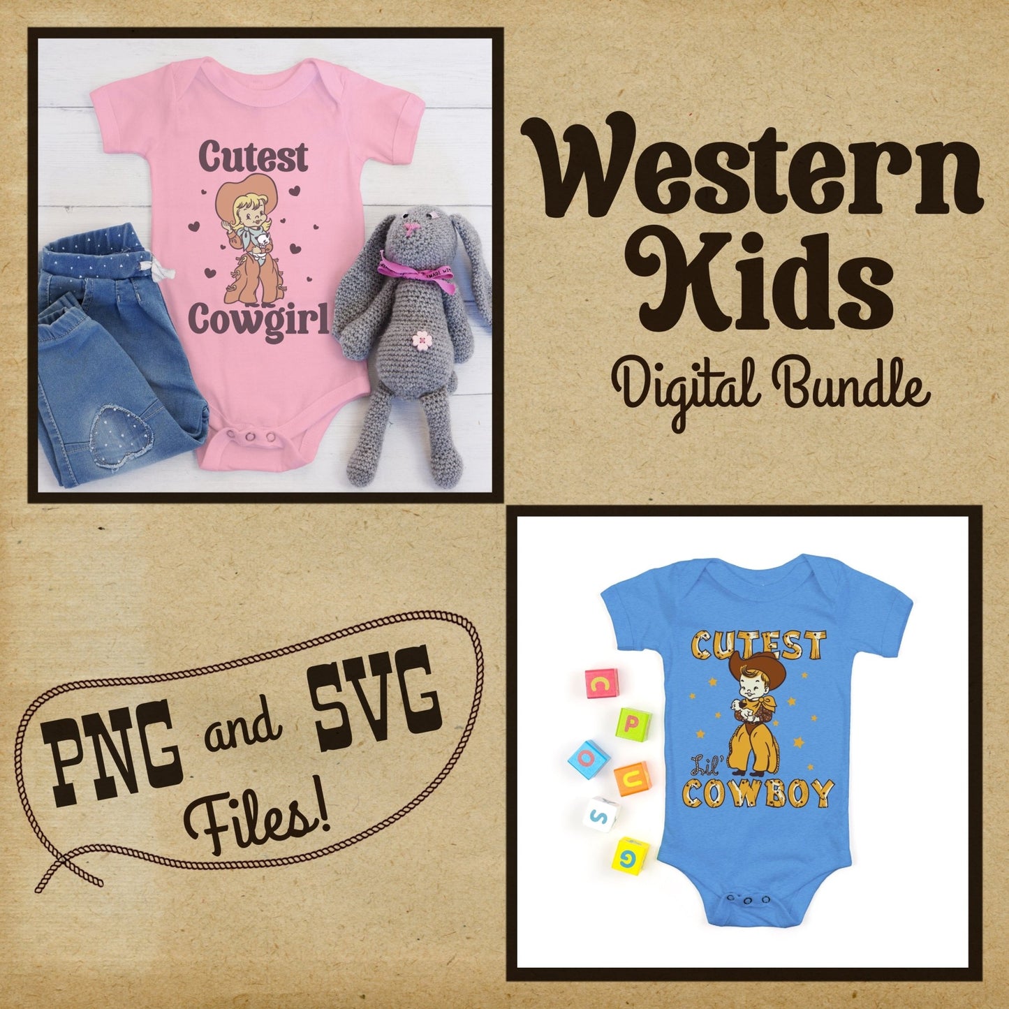 Retro Western Kids Tee Bundle #1- Set of 12 Digital Downloads - Atomic Digital ArtPNG Sublimation Art