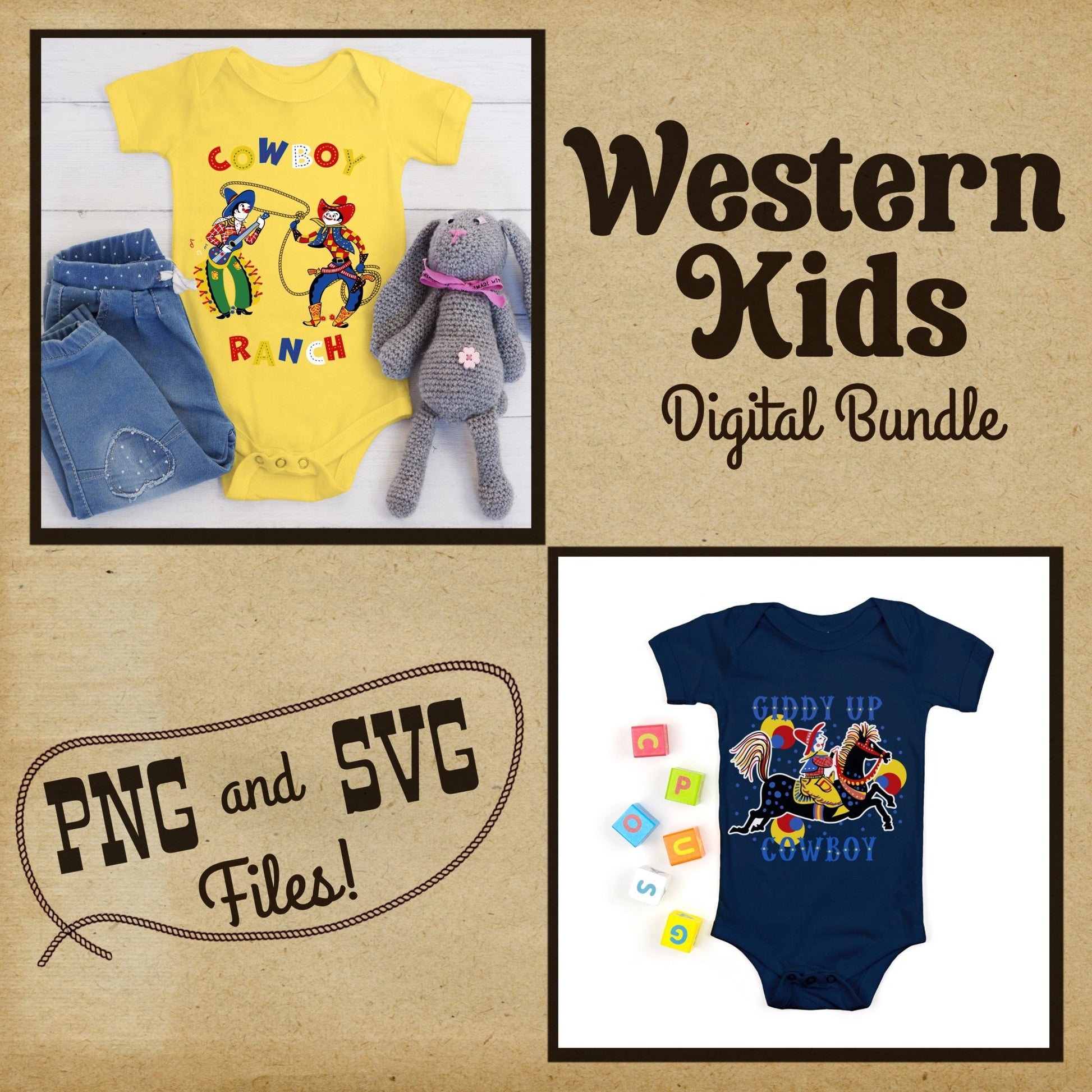 Retro Western Kids Tee Bundle #1- Set of 12 Digital Downloads - Atomic Digital ArtPNG Sublimation Art