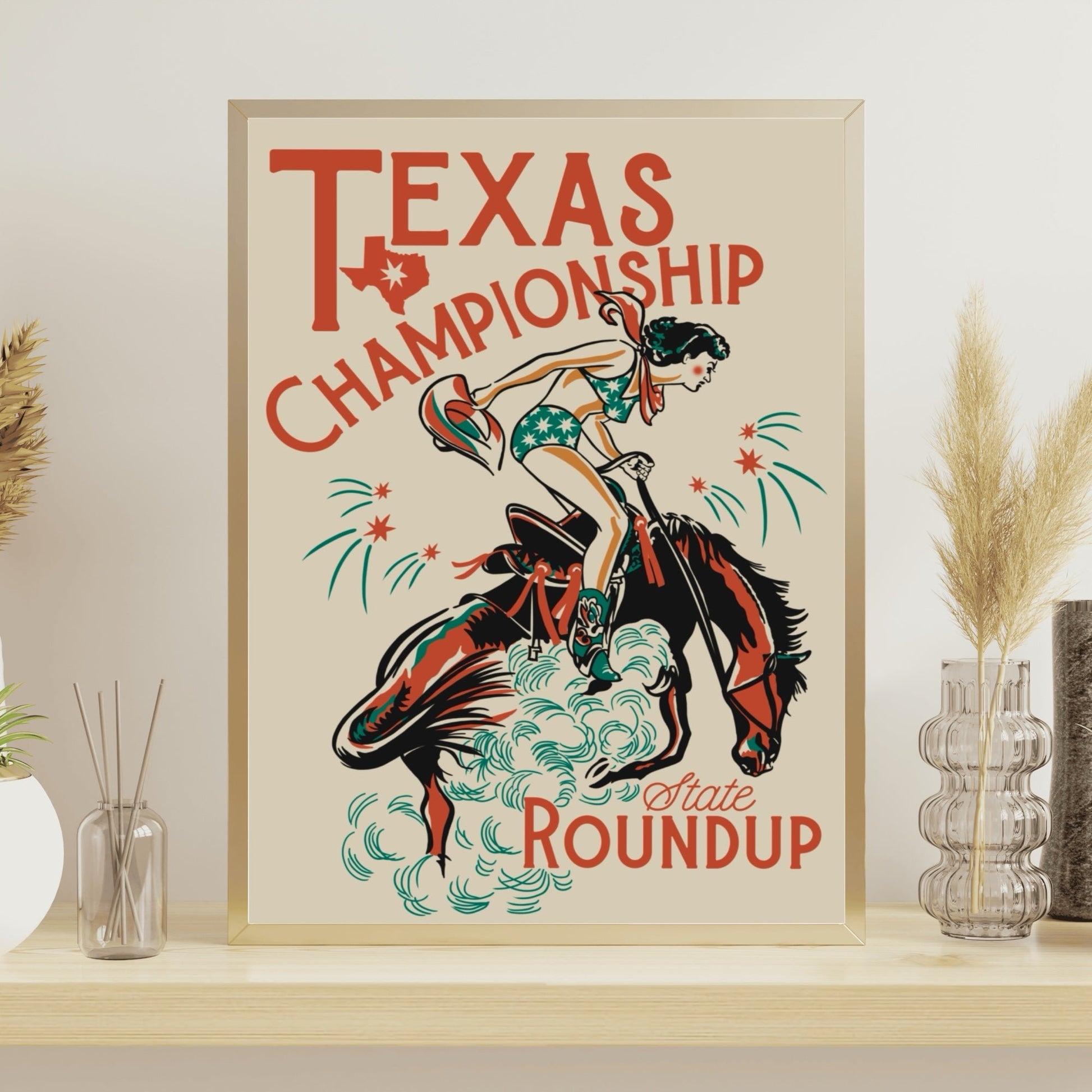 Retro Western Texas Cowgirl Rodeo Wall Art - Atomic Digital ArtDigital Wall Art