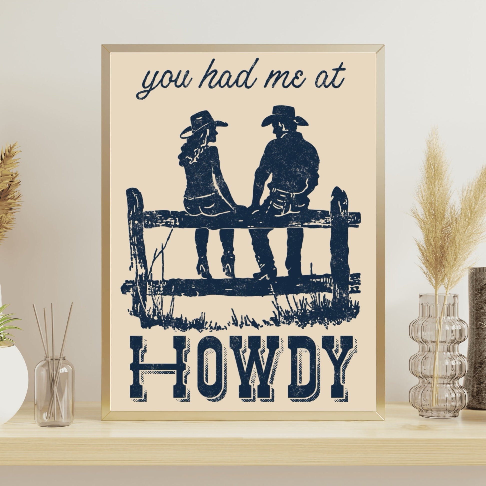 Retro Western You Had Me At Howdy Cowboy Couple Wall Art - Atomic Digital ArtDigital Wall Art